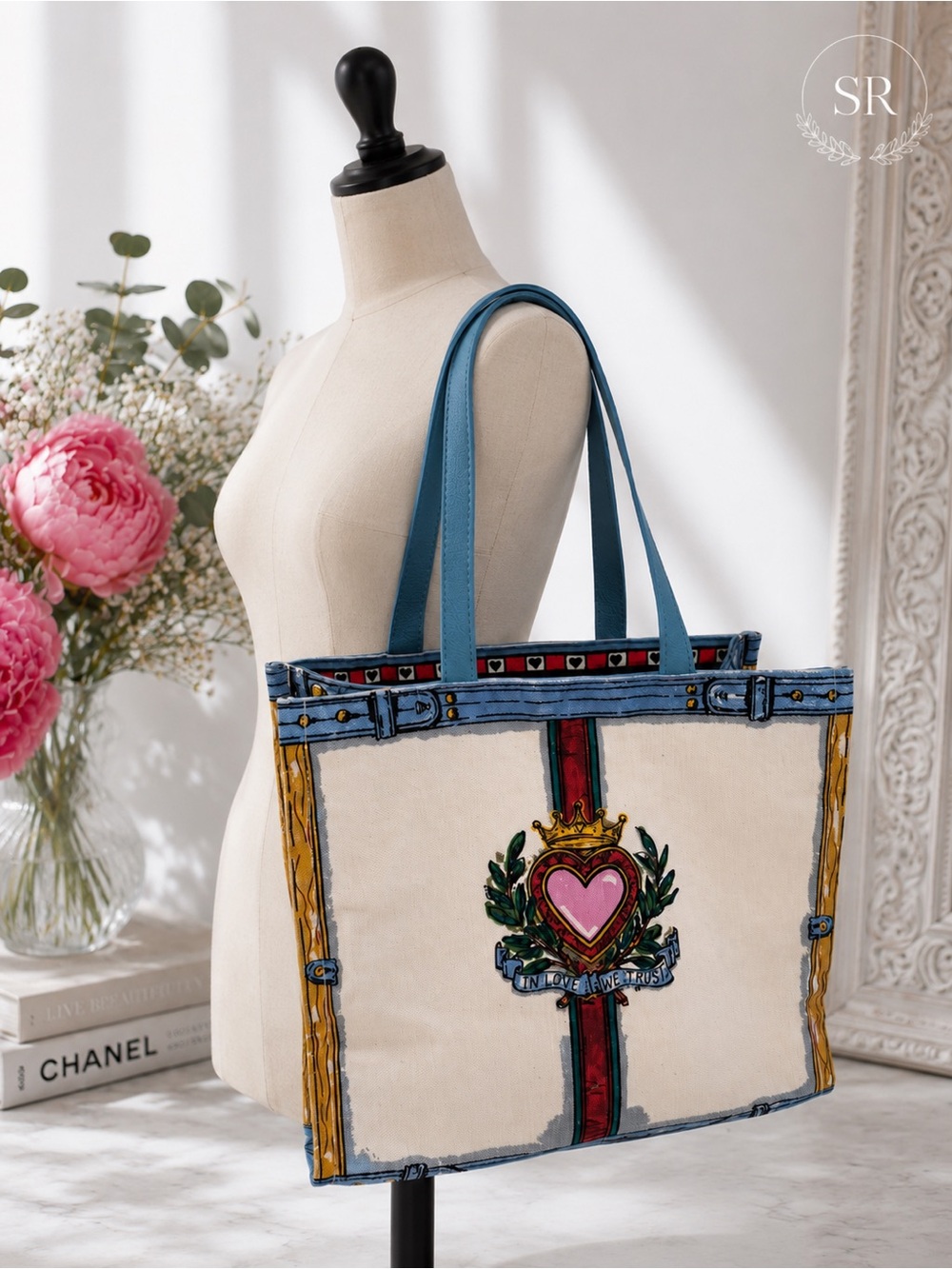 Brighton In Love We Trust Canvas Tote Bag Large Leather Strap Heart Crest Purse
